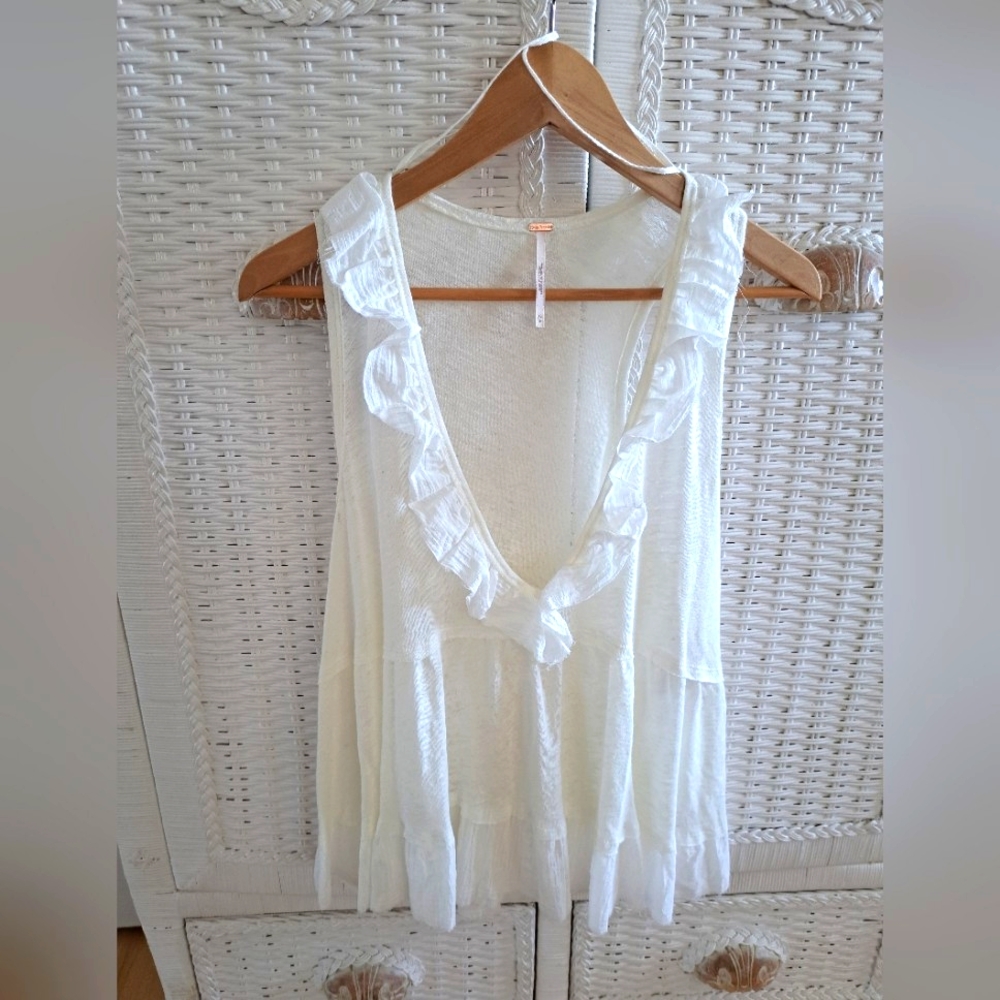 Ivory Off-White Ruffled Sheer Cotton Gauze Sleeveless Tunic XS